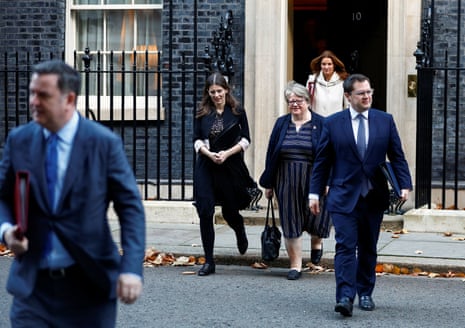 Left to right: Mel Stride, the work and pensions secretary, Michelle Donelan, the culture secretary, Thérèse Coffey, the environment secretary, Gillian Keegan, the education secretary, and Robert Jenrick, the immigration minister, leaving Downing Street after cabinet this morning.