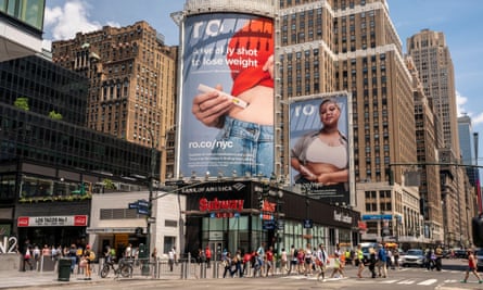 Advertising for Wegovy and other weight loss injections outside Penn station in New York earlier this year.