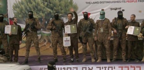 Omer Shem Tov, Eliya Cohen and Omer Wenkert, in Nuseirat, central Gaza Strip, in this still image taken from a video.