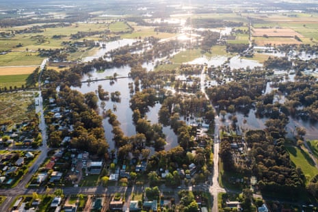 An aerial view taken with a drone shows Forbes and the swollen Lachlan river in Forbes, NSW, Australia, 14 October 2022.