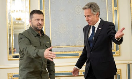 US secretary of state Antony Blinken (R) introduces members of his delegation to Ukraine’s President Volodymyr Zelenskiy before a meeting at Bankova in Kyiv in September.