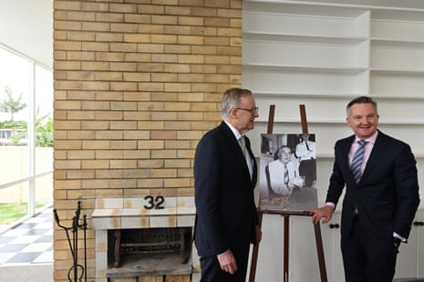 Prime minister, Anthony Albanese (left), and minister for climate change, Chris Bowen, inspect the family home of former prime minister Gough Whitlam in the Sydney suburb of Cabramatta during a dedication ceremony on the 50th anniversary of Whitlam’s election.