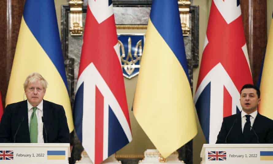 Britain’s prime minister, Boris Johnson, left, takes part in a joint news conference with the Ukrainian president, Volodymyr Zelenskiy, in Kyiv.