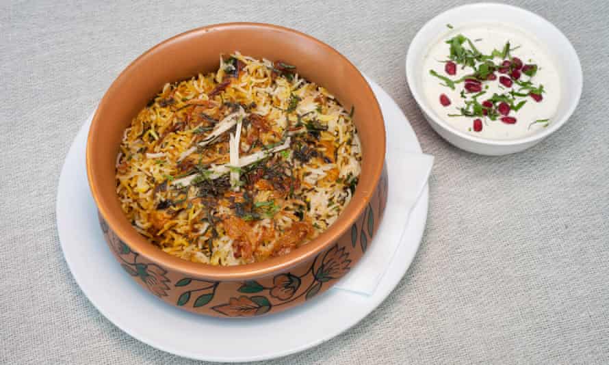 “Needs the mint and cucumber raita with which it is served to lubricate it”: chicken biryani.