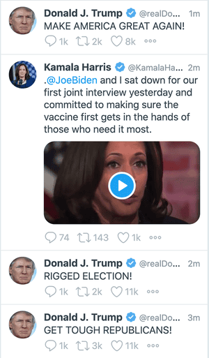 Contrasting tweets from Donald Trump and Kamala Harris.