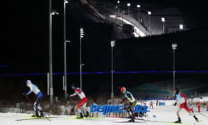 (Left to right) Kristjan Ilves of Estonia, Ryota Yamamoto of Japan, Manuel Faisst of Germany and Akito Watabe of Japan in action during the Nordic Combined Individual Gundersen.