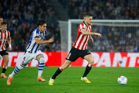 Athletic’s Oihan Sancet in action against Real Sociedad’s Jon Gorrotxategi