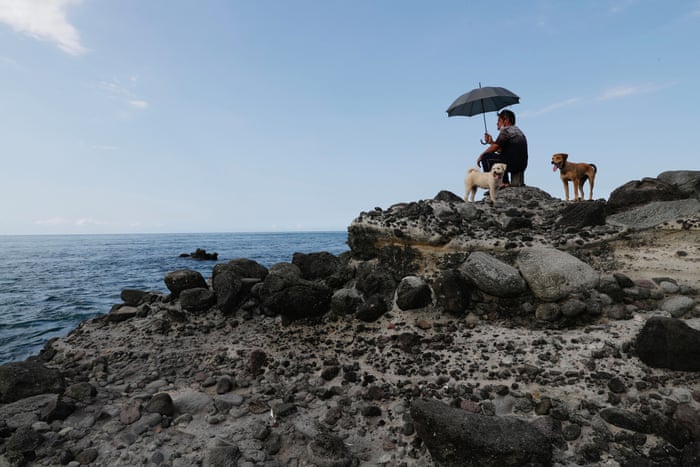 A man and his dogs look out to see from the coast of New Taipei city, Taiwan.