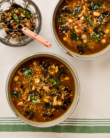 cold tomato rasam with curry leaf and peanut furikake