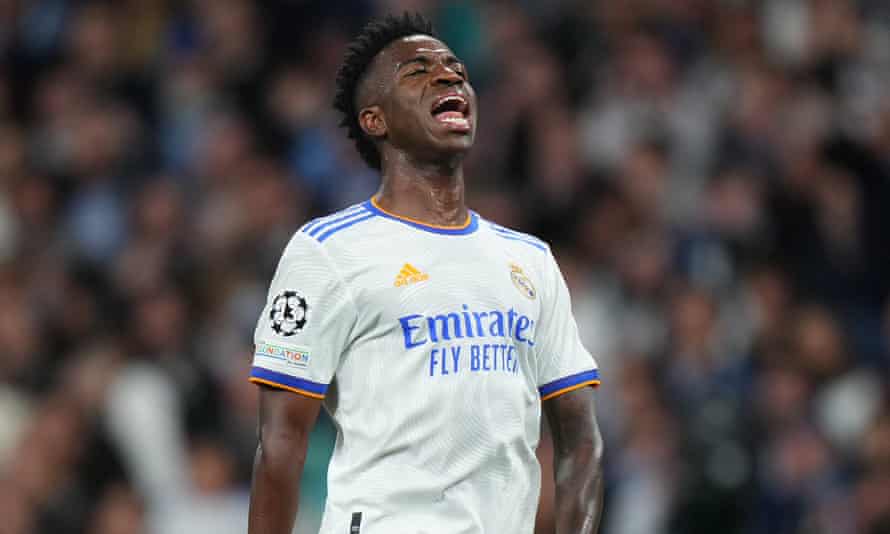 Vinicius Junior of Real Madrid reacts after missing a chance.