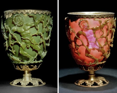 The Lycurgus Cup shown appearing green in regular light and red when lit from within.