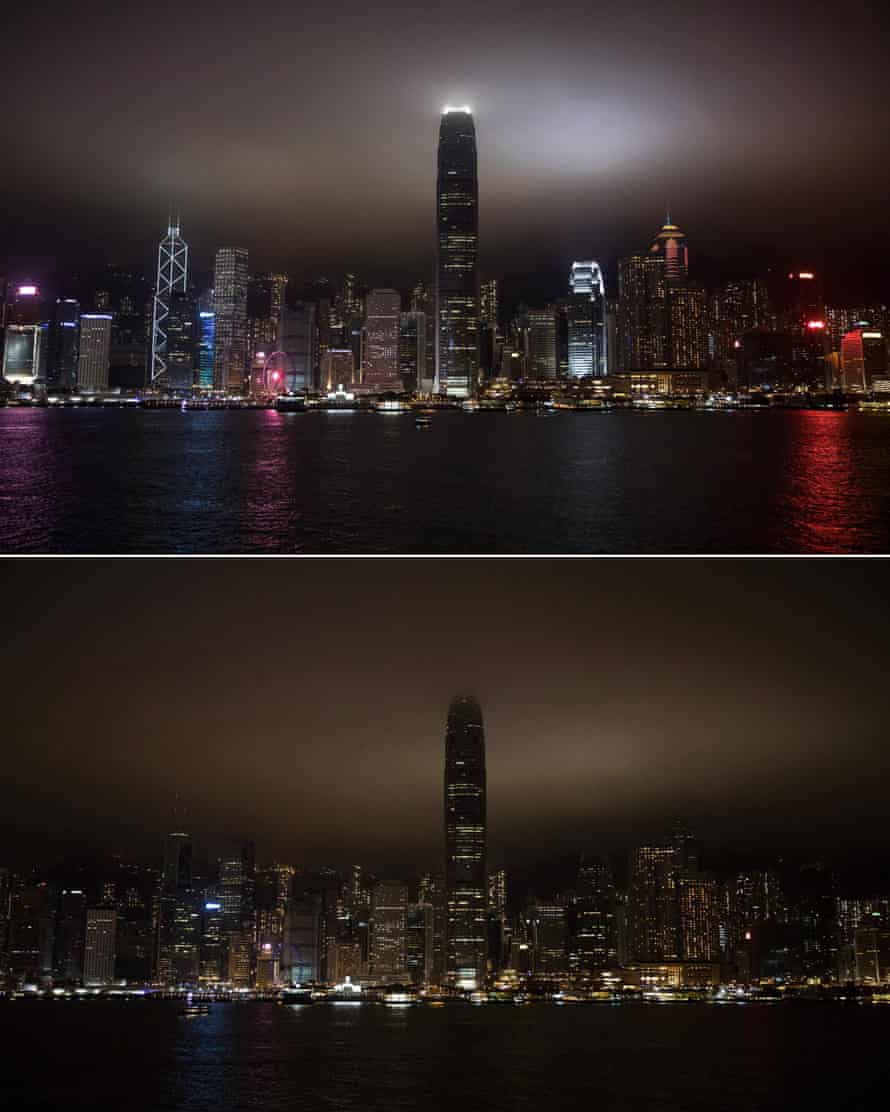 The Victoria Harbour before (top) and after (bottom) its lights went out for the Earth Hour environmental campaign in Hong Kong.