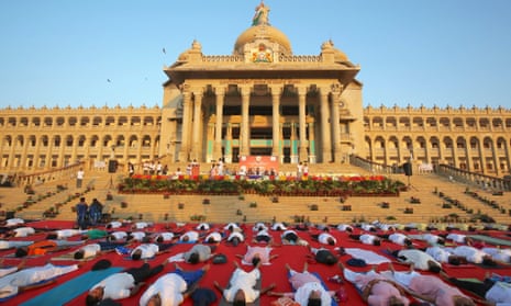 Yogis in front of the Vidhana Soudha in Bangalore.