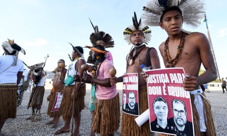 Indigenous people demand justice for Dom Phillips and Bruno Pereira, at the supreme court in Brasilia.