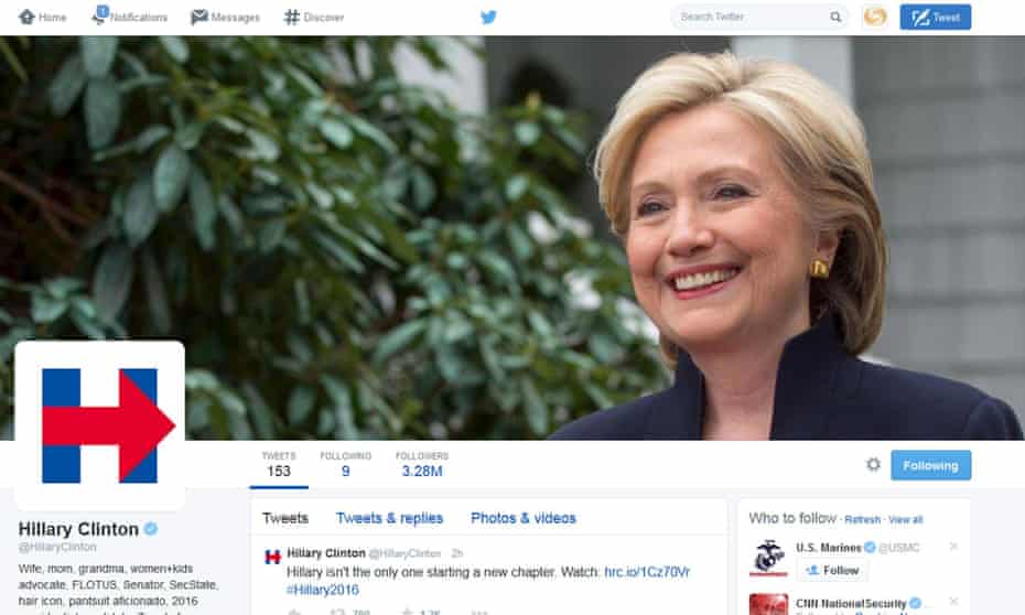 Hillary Clinton’s new logo is pictured in this 12 April 2015 screen capture from her Twitter page. The logo’s alleged symbolism has proved fertile ground for commentators on social media.