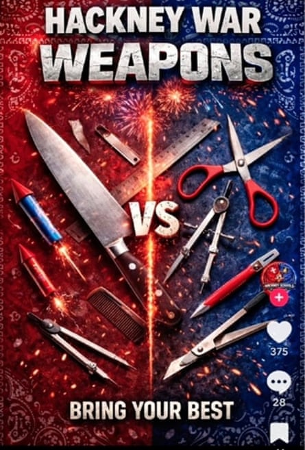 Image of a poster promoted on social media that says ‘Hackney war weapons’ and images of knives, scissors and fireworks