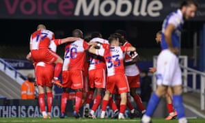 Wycombe celebrate their late winner at Birmingham City.