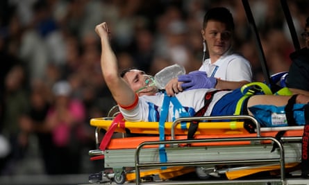 Le Roux Malan is taken off on a stretcher during Namibia's game against New Zealand