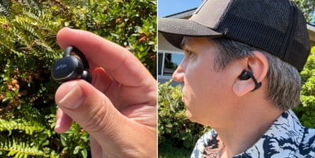 Open earbuds let you tune in without tuning out the world. Here are the five best pairs | headphones Side by side images, one of close-up of man holding earbud and one of his side profile with earbuds in ear