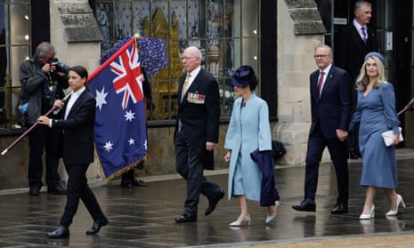 Sam Kerr leads an Australian contingent including the prime minister, Anthony Albanese (second left) at Westminster Abbey.