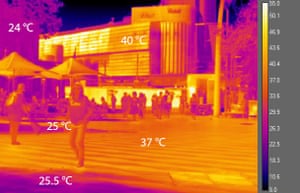 Thermal imaging photograph of Sydney showing high surface temperatures of asphalt roads and buildings, lower temperatures in shade