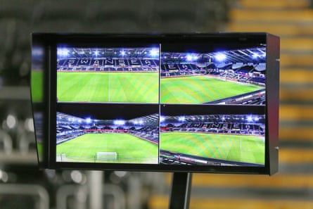 A VAR screen pitchside at the Liberty Stadium