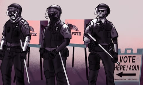 An illustration depicts law enforcement officers in tactical gear standing in front of voting booths.