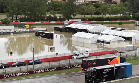 The paddock at Imola is left under water after the nearby Santerno river burst its banks.