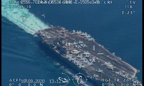 A handout picture released by the official website of Iranian Revolutionary Guard on Wednesday reportedly shows the USS Nimitz Aircraft carrier prior to entering the Strait of Hormuz and Persian Gulf.