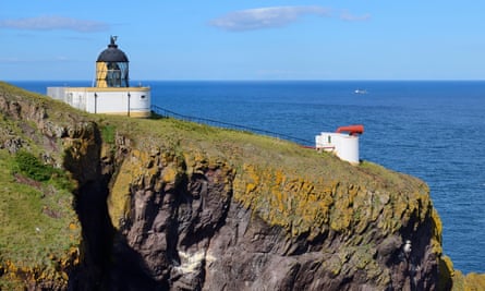 A red foghorn faces out to sea at St Abb’s Head lighthouse, Berwickshire, Scottish Borders.