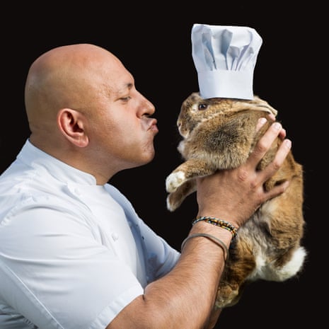 Sat Bains and his pet rabbit