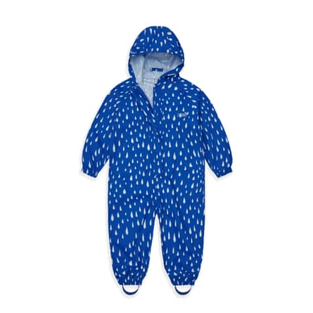 Muddy Puddles Essentials Waterproof Puddle Suit in blue with a white raindrop pattern.