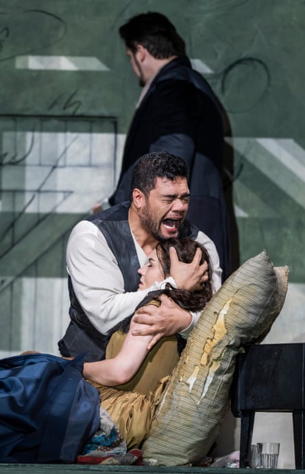 Pene Pati as Rodolfo and Olga Kulchynska as Mimi in La Boheme, at the Royal Opera House in London.