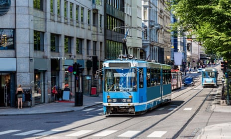 A tram on a street in Oslo, Norway