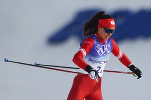 Veronika Stepanova of the Russian Olympic Committee surges towards the finish line.