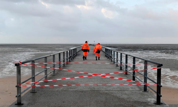 A closed pier in the city of Andernos, France, on the morning after Storm Fabien.