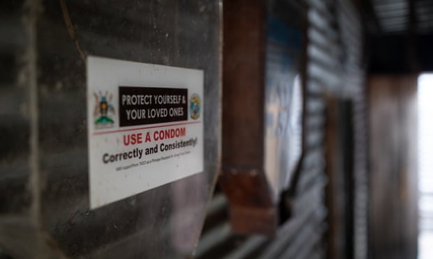 An empty condom dispenser inside a brothel on 16 March 2022 in Bukakata, Uganda.