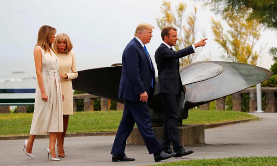 Emmanuel Macron and his wife, Brigitte, welcoming Donald Trump and his wife, Melania, to the G7 dinner