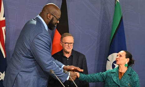 NBA legend Shaquille O’Neal at a press conference in Sydney with prime minister Anthony Albanese and minister for Indigenous Australians Linda Burney