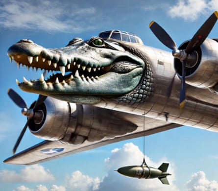 A CGI bomber plane whose entire nose/cockpit area has been replaced by a giant grinning crocodile head