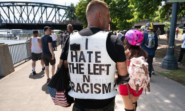 A far-right protester takes part in a Patriot Prayer rally in Portland, Oregon on 4 August 2018.
