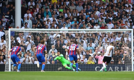 Fulham’s Aleksandar Mitrovic scores their equaliser against Crystal Palace from the penalty spot on the stroke of half-time.