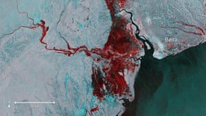 A satellite image released by the ESA that shows the extent of flooding, depicted in red, around Beira.