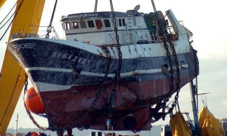 The recovered French trawler Bugaled Breizh, which capsized in international waters off Cornwall in January 2004