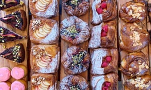 Overhead shot of a tray of pastries from Rye Bakery, Frome, Somerset, UK.