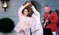 US Vice President Kamala Harris dances being spun around by singer Kirk Franklin during a Juneteenth concert on the South Lawn of the White House
