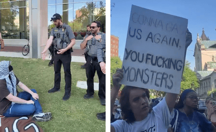 Campus police confront a student wearing a keffiyeh. Another student holds a sign that says “Gonna gas us again, you fucking monsters”