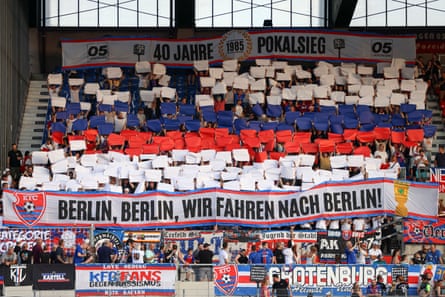 KFC Uerdingen 05 fans perform a choreography at Grotenburg Stadion in Krefeld during their opening game of the season.