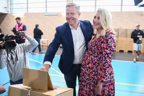 Cameron Caldwell and wife, Lauren, vote in the Fadden byelection on the Gold Coast.