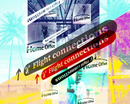A colourful illustration of flight connections with the words Home Office in the background and palm trees